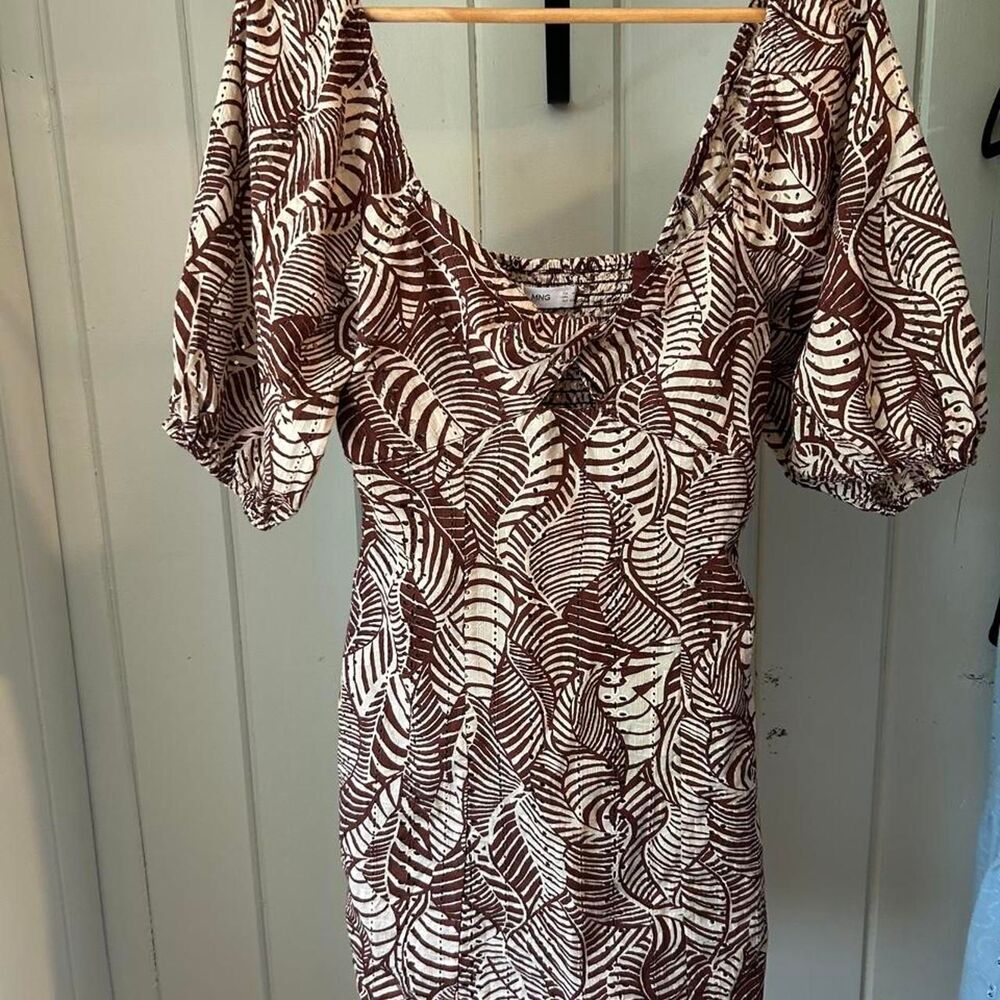NWOT Mango brown and beige leaf print mini dress in 2
